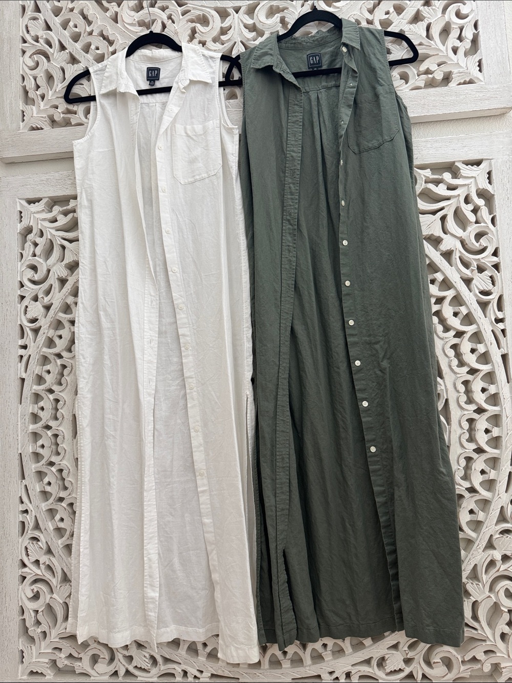 GAP Linen+Cotton Sleeveless Button-Front Maxi Dresses in White and Olive